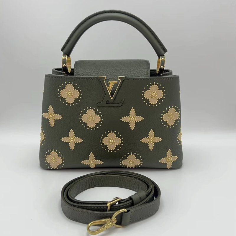 LV 墨綠色Capucines Flowers鉚釘手提斜背包27*17.5*9 98新配件塵袋-0
