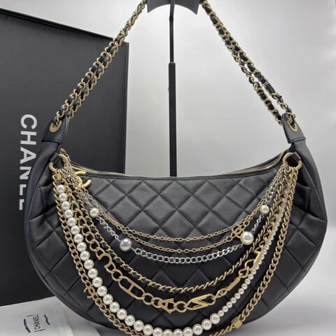 CHANEL 黑金月亮限定版hobo珍珠多鍊條包34*18*4 98新配件盒子塵袋