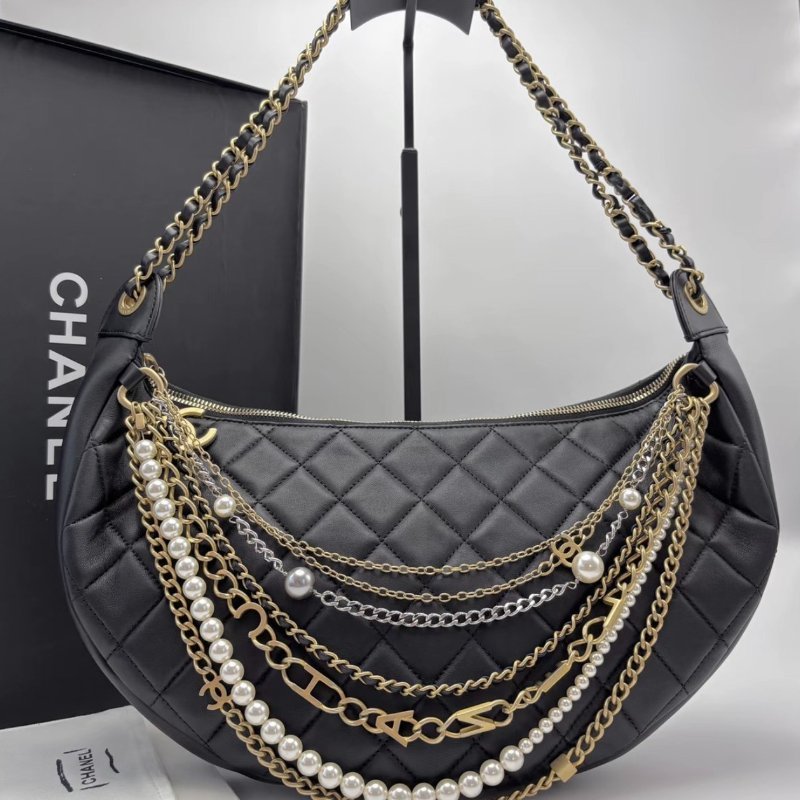 CHANEL 黑金月亮限定版hobo珍珠多鍊條包34*18*4 98新配件盒子塵袋-0