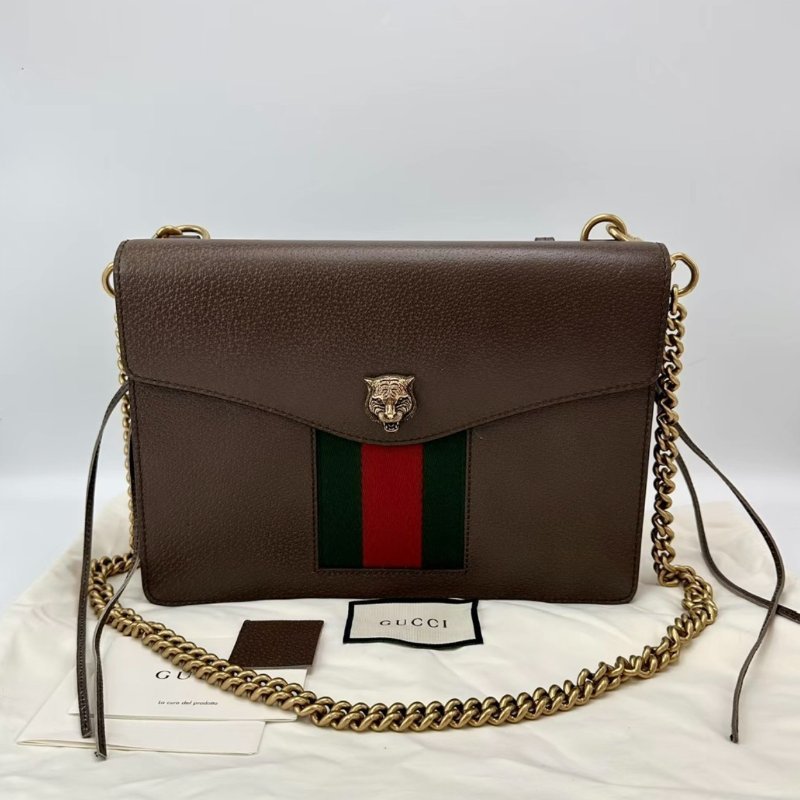GUCCI 棕色牛皮虎頭復古肩背斜背包27*20*3 99新配件塵袋-0