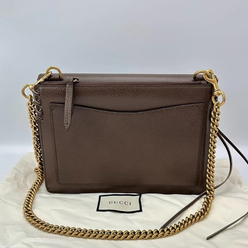 GUCCI 棕色牛皮虎頭復古肩背斜背包27*20*3 99新配件塵袋-3