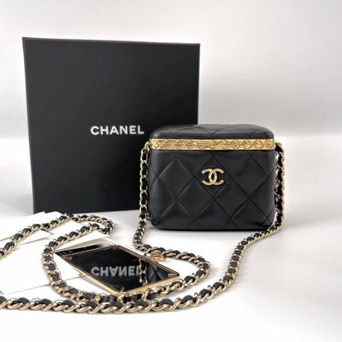 Chanel 22s黑金羊皮晚宴化妆肩背斜背包11*9*7.5 98新配件盒子購證保卡鏡子