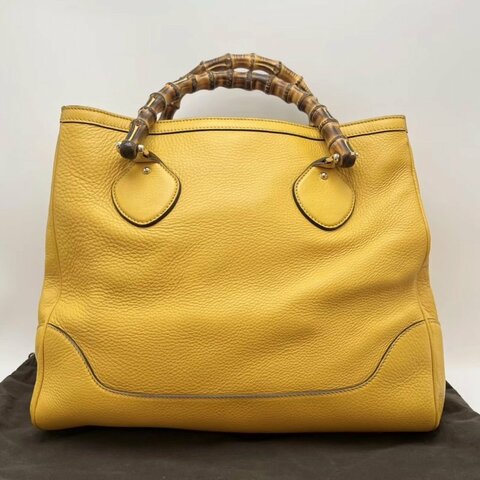 GUCCI 黃色荔枝紋牛皮竹節手柄手提包 35*30*14 99新配件塵袋