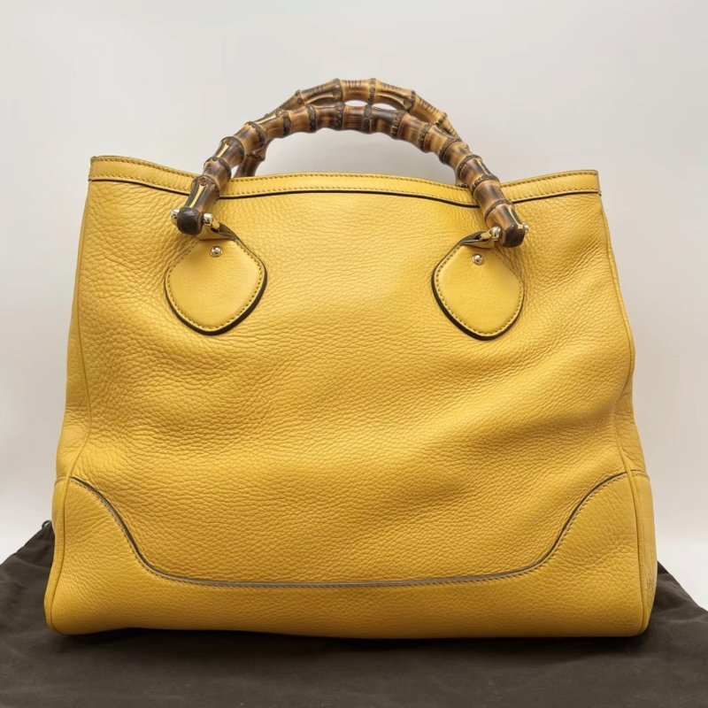 GUCCI 黃色荔枝紋牛皮竹節手柄手提包 35*30*14 99新配件塵袋-0