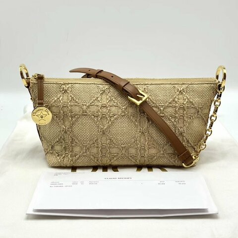 DIOR 自然拼棕色金扣草編飯盒肩背包8.5*14.5*10 全新閒置配件塵袋購證