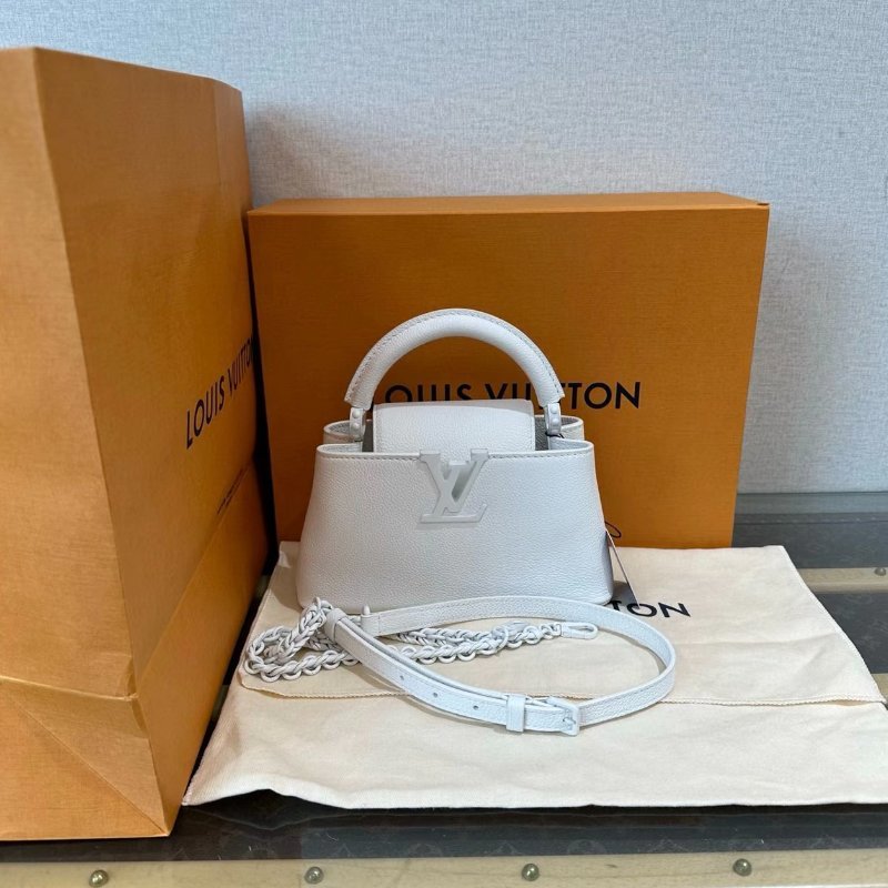 LV Capucines mini橫版磨砂白手提斜背包芯片款 21.5*12*7 全新閒置配件盒子塵袋-0