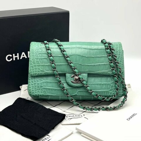 CHANEL 鱷魚皮綠色銀扣CF中號肩背斜背包 25*15*7 98新配件盒子塵袋