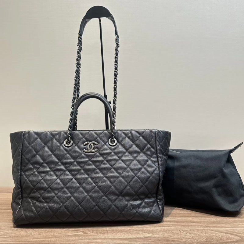 CHANEL 黑銀魚子醬2way子母肩背托特包37*25*15 98新配件塵袋-0