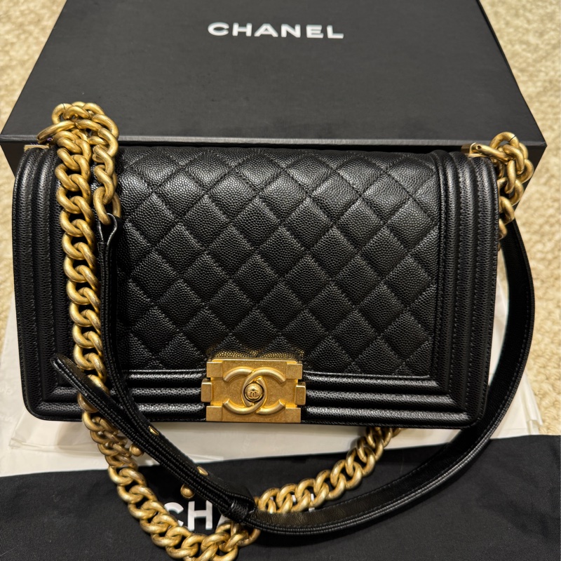 【✨99%新】Chanel Leboy caviar medium black gold 黑金中號魚子醬 leboy-9