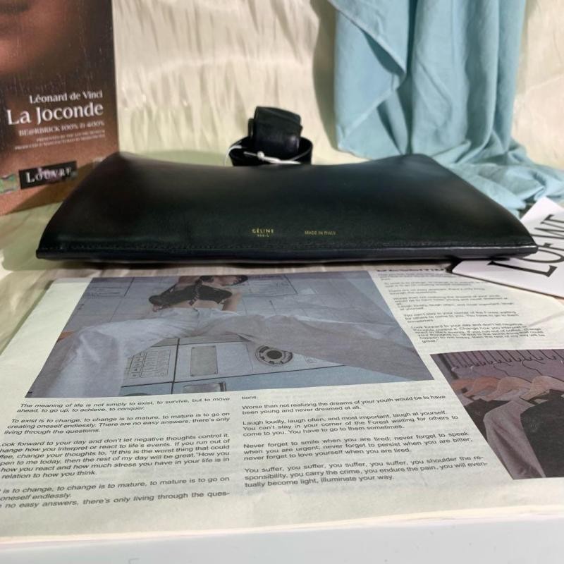 CELINE 賽琳 羊皮拼皮純色手拿包 黑色-4