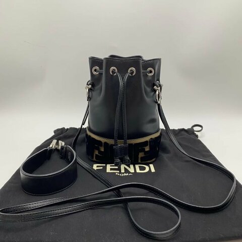 FENDI 黑銀絲絨logo抽繩肩背斜背包水桶包12*18*10 98新配件塵袋