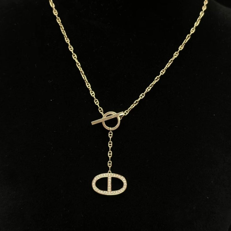 HERMES SH玫瑰金滿鑽豬鼻子項鍊 鏈長41cm 98新配件盒子-0