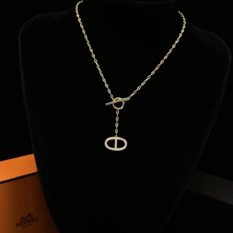 HERMES SH玫瑰金滿鑽豬鼻子項鍊 鏈長41cm 98新配件盒子-1