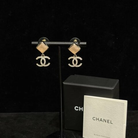 CHANEL 22B方形雙C鑲鑽耳釘 98新配件盒子