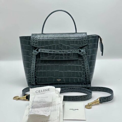 CELINE 綠金Belt鯰魚鱷魚壓紋肩背斜背包30*16*22 98新配件購證塵袋