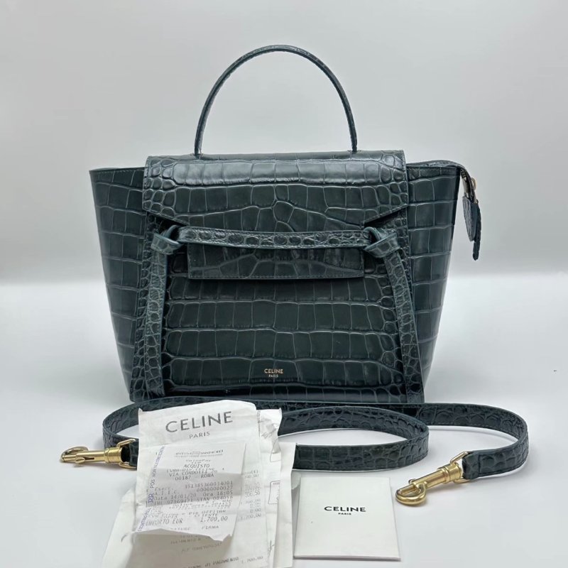 CELINE 綠金Belt鯰魚鱷魚壓紋肩背斜背包30*16*22 98新配件購證塵袋-0