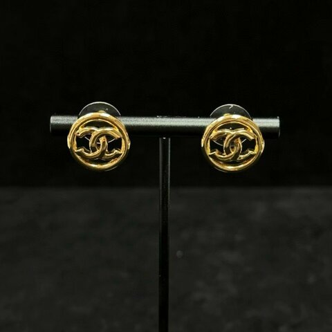 CHANEL 23A金色圓形雙C鏤空耳釘 98新配件盒子
