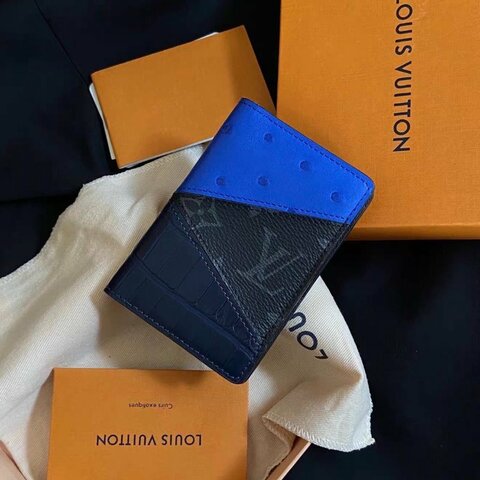 lv黑花拼寶石藍鴕鳥皮拼深海藍鱷魚皮三拼色卡包11*8*1cm全新閒置配件塵袋盒子