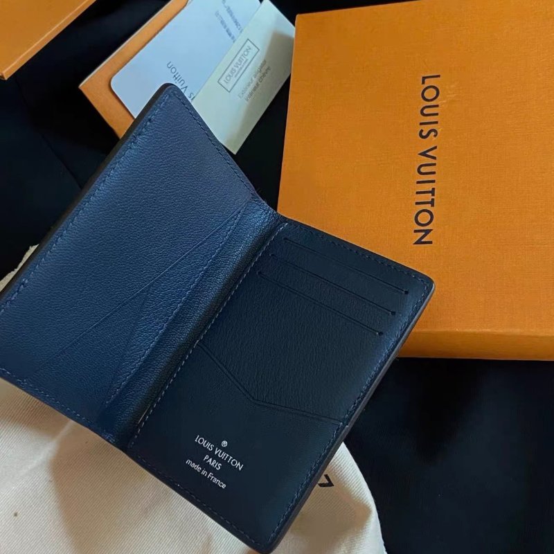 lv黑花拼寶石藍鴕鳥皮拼深海藍鱷魚皮三拼色卡包11*8*1cm全新閒置配件塵袋盒子-1