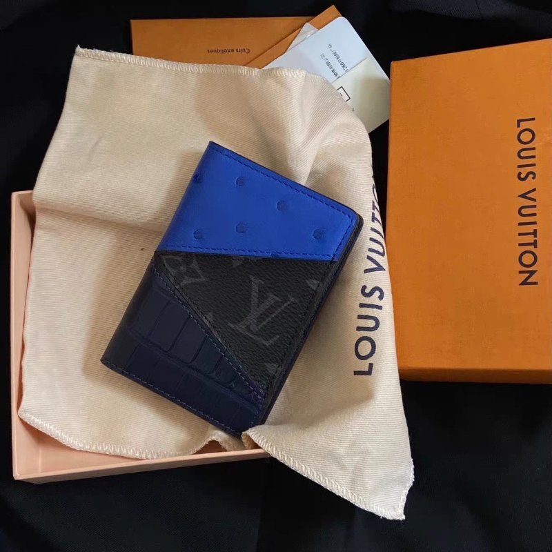 lv黑花拼寶石藍鴕鳥皮拼深海藍鱷魚皮三拼色卡包11*8*1cm全新閒置配件塵袋盒子-2