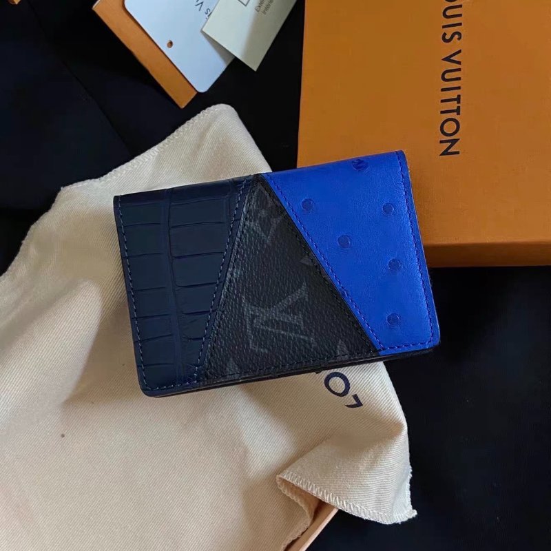 lv黑花拼寶石藍鴕鳥皮拼深海藍鱷魚皮三拼色卡包11*8*1cm全新閒置配件塵袋盒子-3