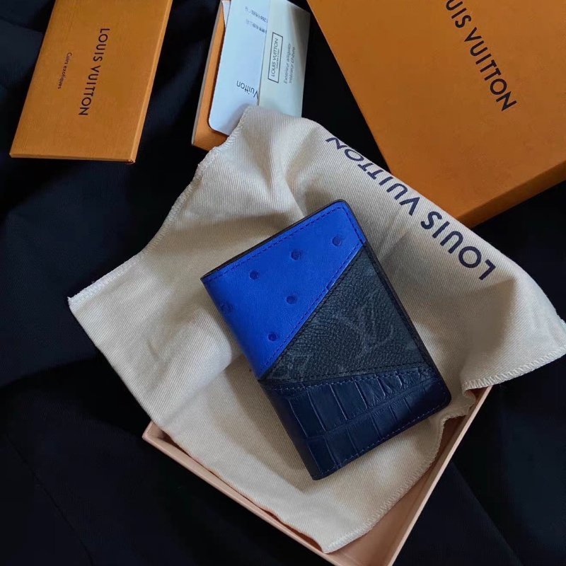 lv黑花拼寶石藍鴕鳥皮拼深海藍鱷魚皮三拼色卡包11*8*1cm全新閒置配件塵袋盒子-4