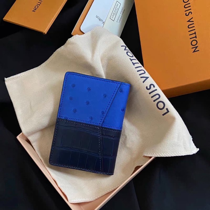 lv黑花拼寶石藍鴕鳥皮拼深海藍鱷魚皮三拼色卡包11*8*1cm全新閒置配件塵袋盒子-5