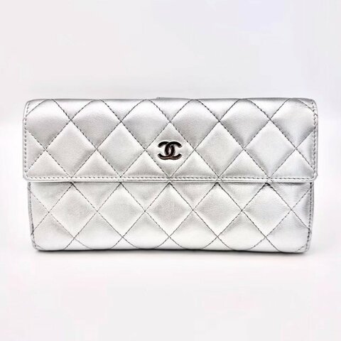CHANEL 黑銀羊皮長款錢包卡包 19*10*2 98新