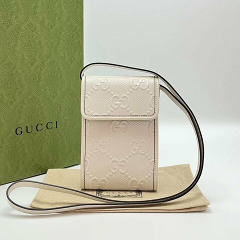GUCCI 白色雙G logo斜背手機包 12*15*3.5 99新配件盒子塵袋