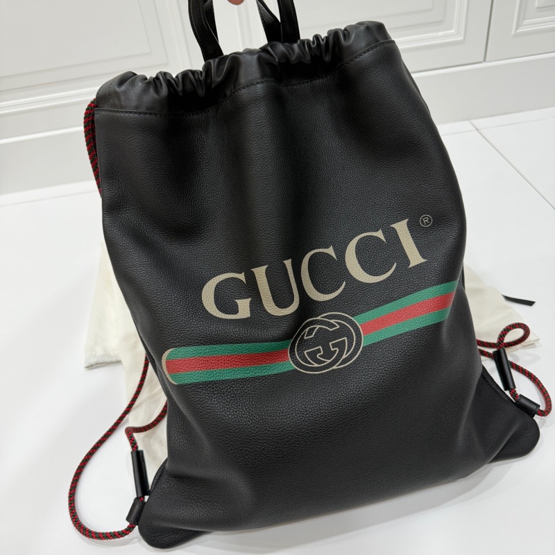 GUCCI PEINT 黑色 皮革 抽繩 後背包 雙肩包 手提包 側背包-0