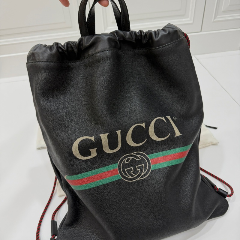 GUCCI PEINT 黑色 皮革 抽繩 後背包 雙肩包 手提包 側背包-1