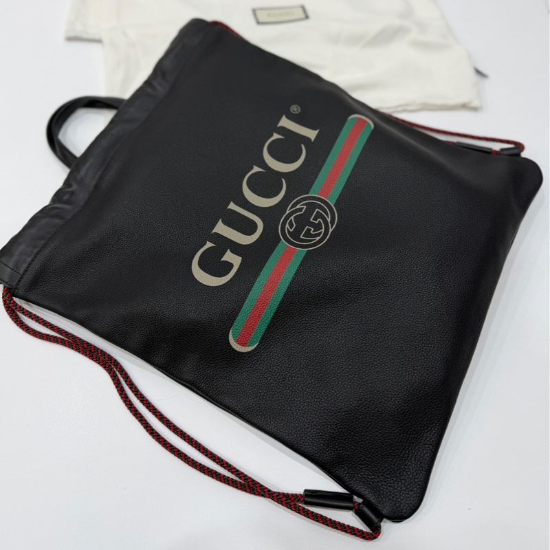 GUCCI PEINT 黑色 皮革 抽繩 後背包 雙肩包 手提包 側背包-9