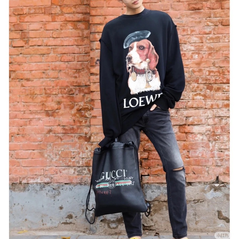 GUCCI PEINT 黑色 皮革 抽繩 後背包 雙肩包 手提包 側背包-14