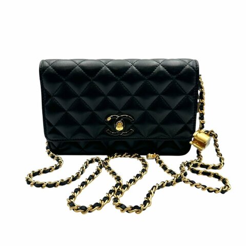 【美收精品】CHANEL 香奈兒經典雙C菱格紋小羊皮LOGO鏈帶手斜背包(黑色) B-958【隔月月中將轉賣至日本 上架期限30天】