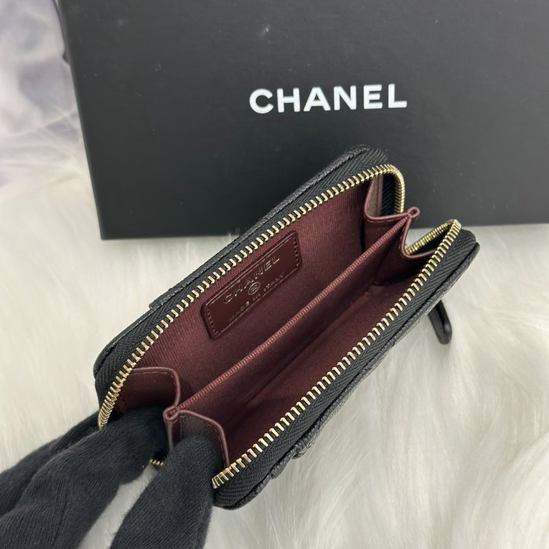 CHANEL 粒面牛皮拉鍊零錢卡包 - 黑金31開-2