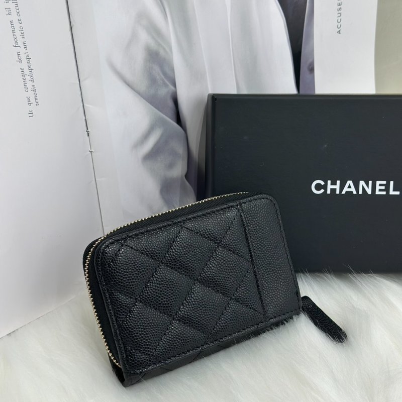 CHANEL 粒面牛皮拉鍊零錢卡包 - 黑金31開-3