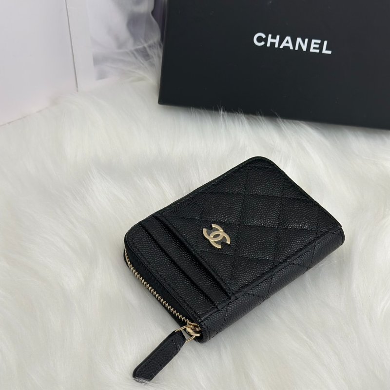 CHANEL 粒面牛皮拉鍊零錢卡包 - 黑金31開-4