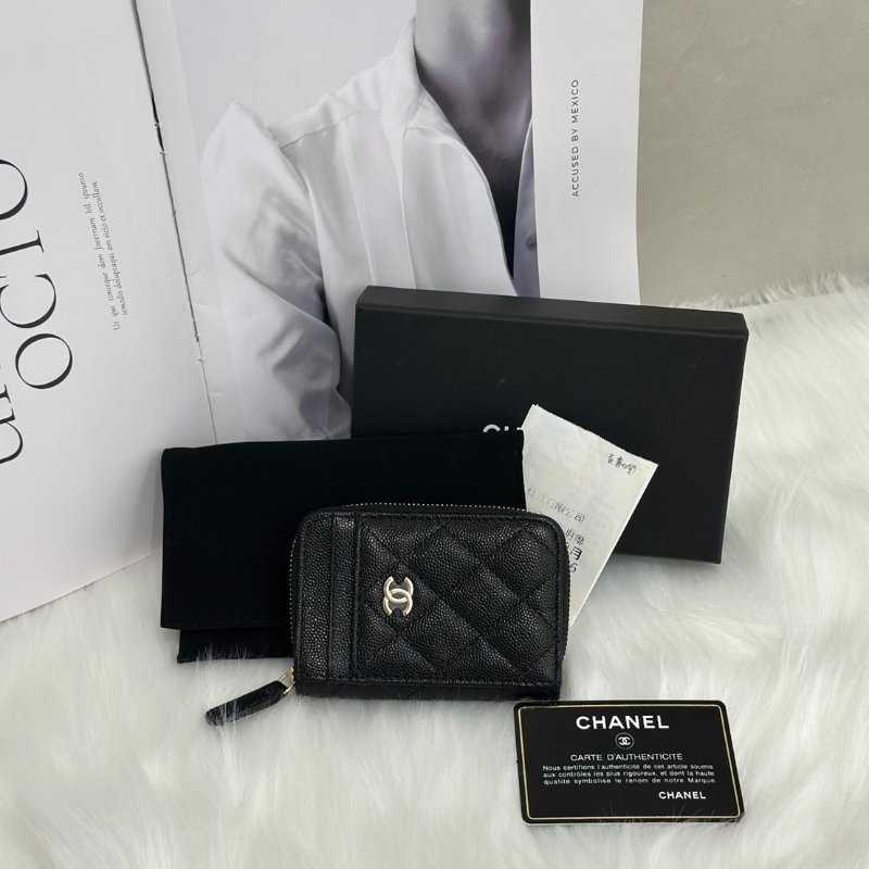 CHANEL 粒面牛皮拉鍊零錢卡包 - 黑金31開-5