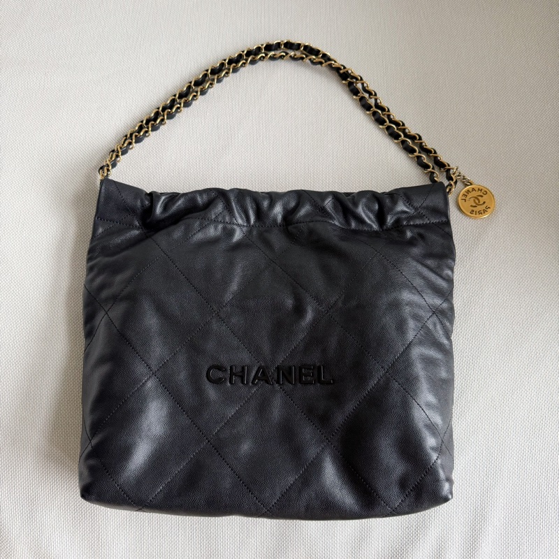 CHANEL 22包/22bag 小型 黑金黑字荔枝皮芯片款-0