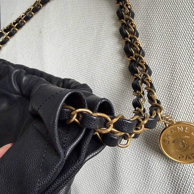 CHANEL 22包/22bag 小型 黑金黑字荔枝皮芯片款-4