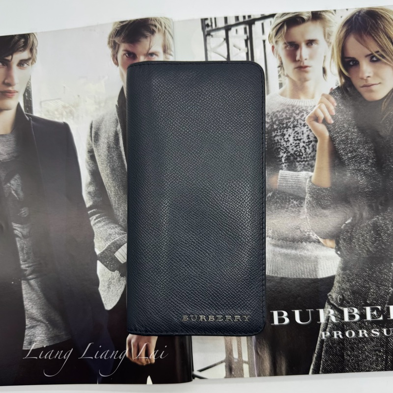 BURBERRY荔枝紋小牛皮深藍色對開長夾-0