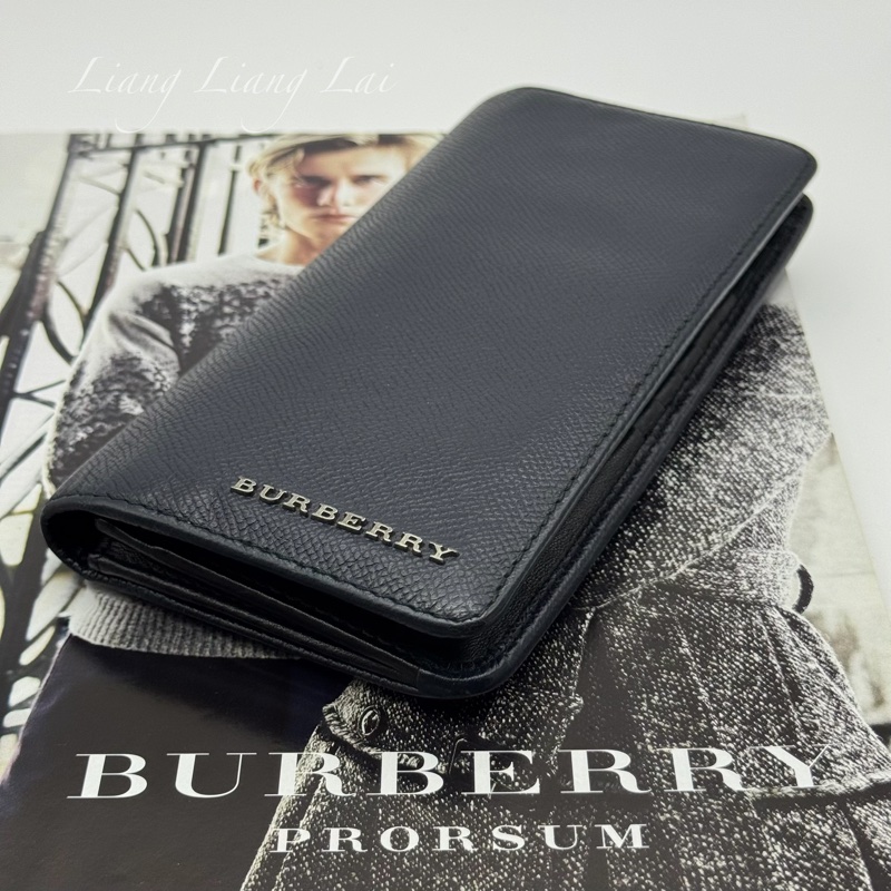 BURBERRY荔枝紋小牛皮深藍色對開長夾-4