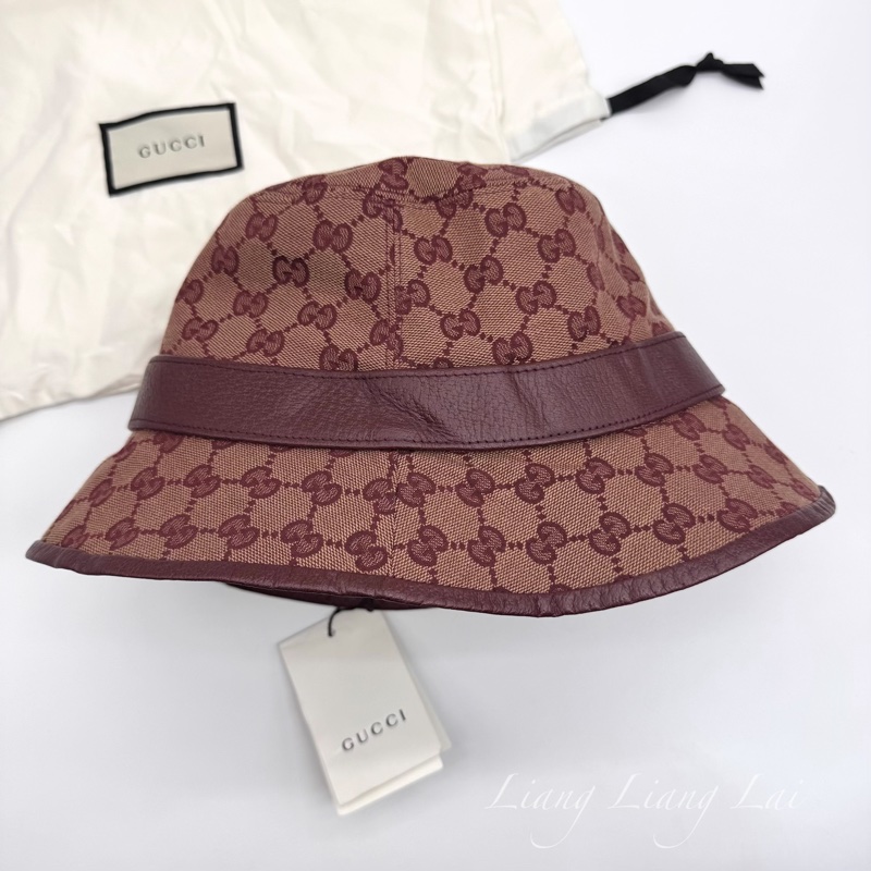 GUCCI GG Supreme 經典雙G 酒紅皮革飾邊漁夫帽-5