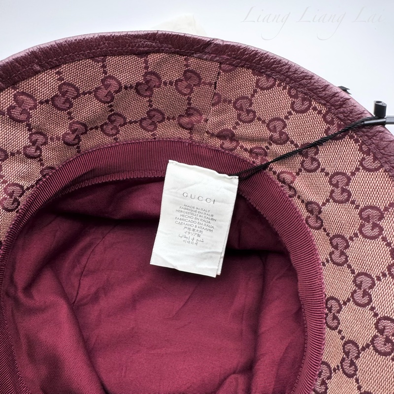 GUCCI GG Supreme 經典雙G 酒紅皮革飾邊漁夫帽-9
