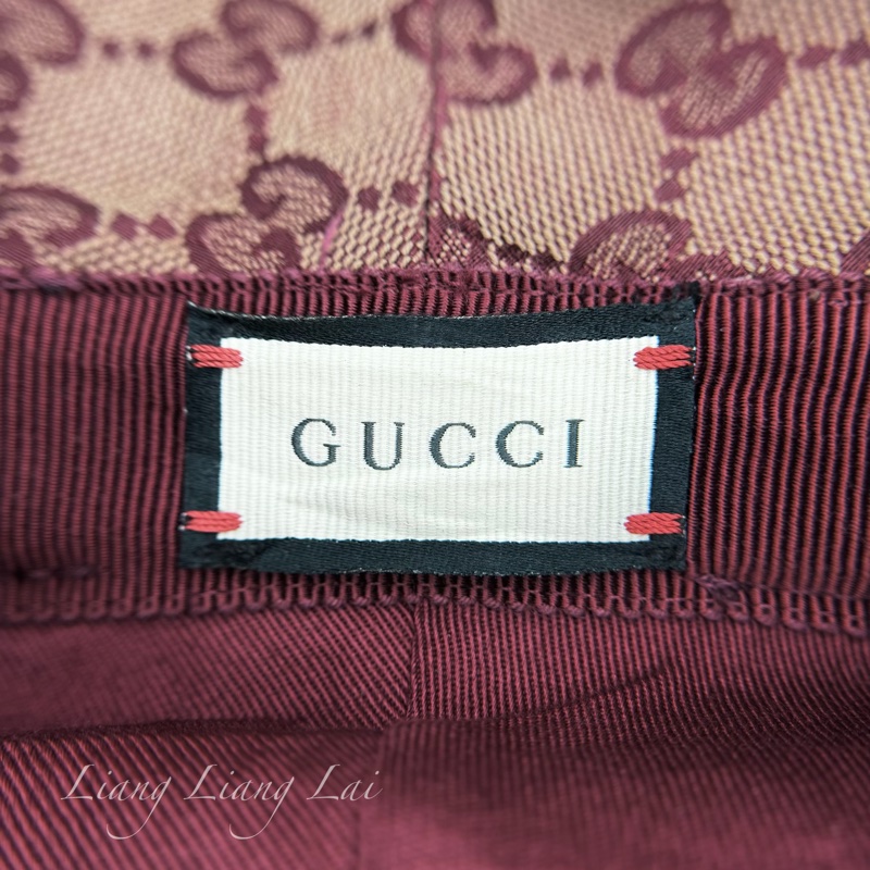 GUCCI GG Supreme 經典雙G 酒紅皮革飾邊漁夫帽-10