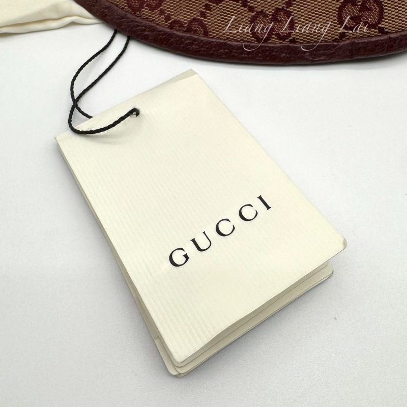 GUCCI GG Supreme 經典雙G 酒紅皮革飾邊漁夫帽-17