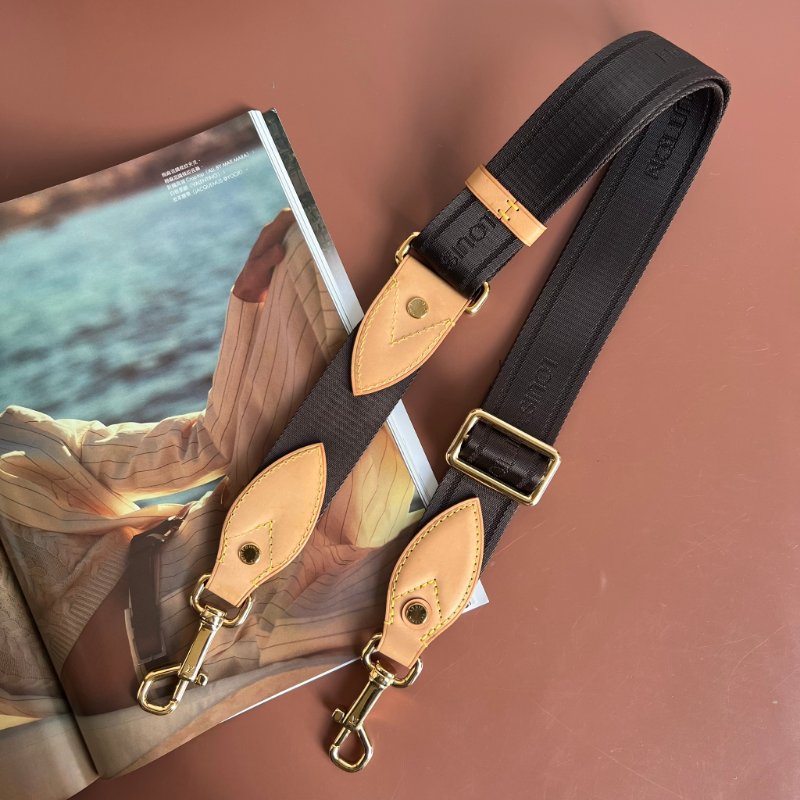 ::LOUIS VUITTON:: LV 金釦棕色織帶拼接皮革釦式可調節背帶 Strap-0