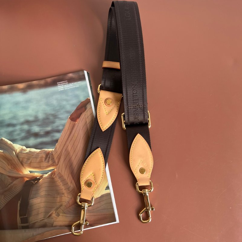 ::LOUIS VUITTON:: LV 金釦棕色織帶拼接皮革釦式可調節背帶 Strap-1