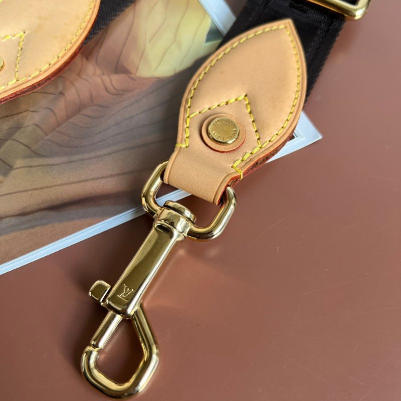 ::LOUIS VUITTON:: LV 金釦棕色織帶拼接皮革釦式可調節背帶 Strap-3