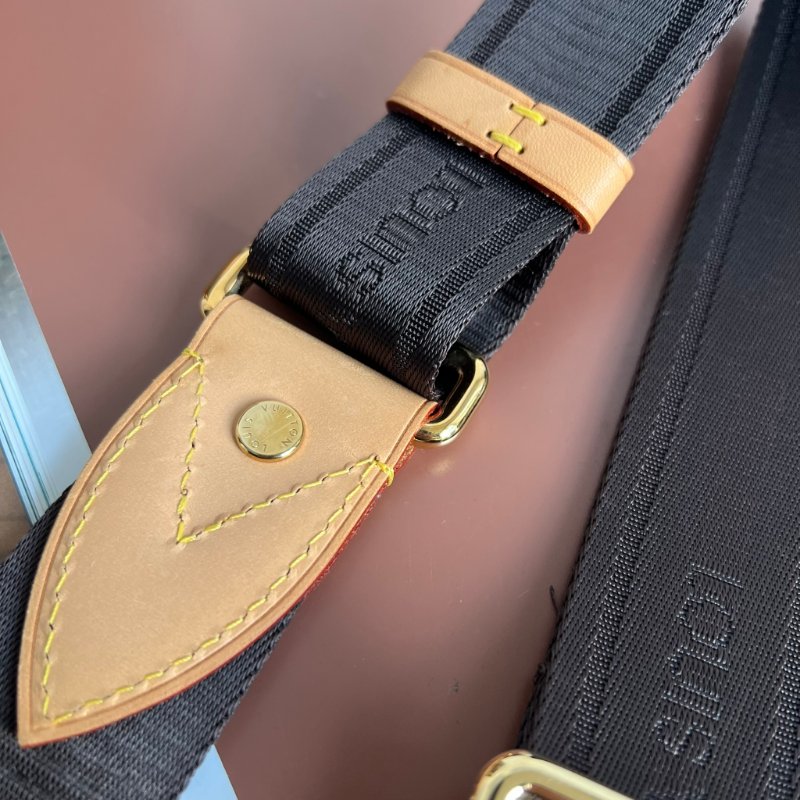 ::LOUIS VUITTON:: LV 金釦棕色織帶拼接皮革釦式可調節背帶 Strap-5